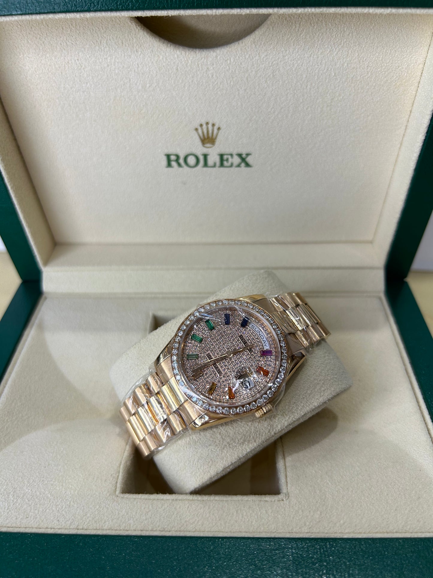 Rolex Ladies Day Date 36mm 18K Gold Rainbow Custom Made Dial