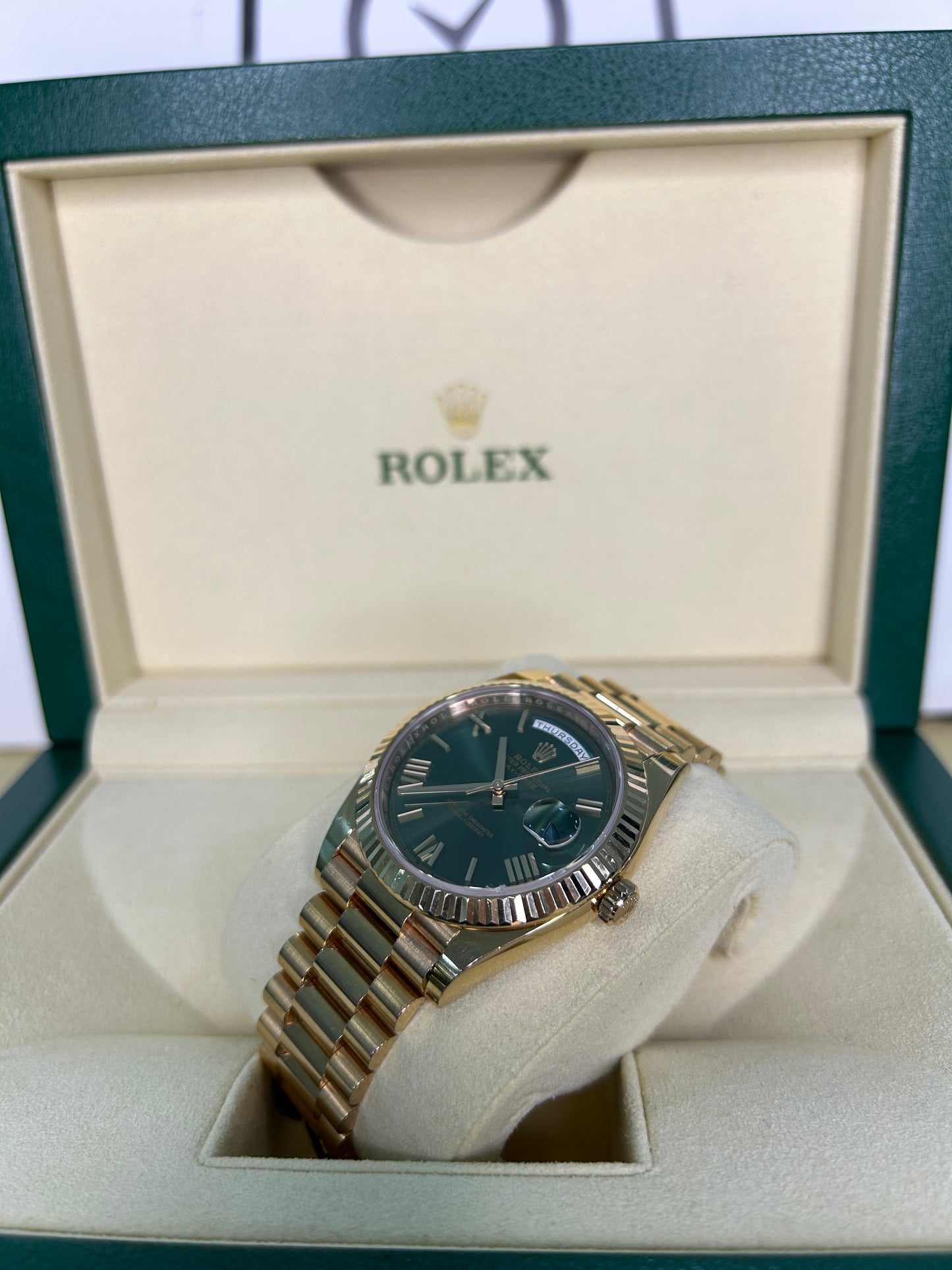 Rolex Men’s Day-Date 40mm Olive Dial Used Full Set 2019