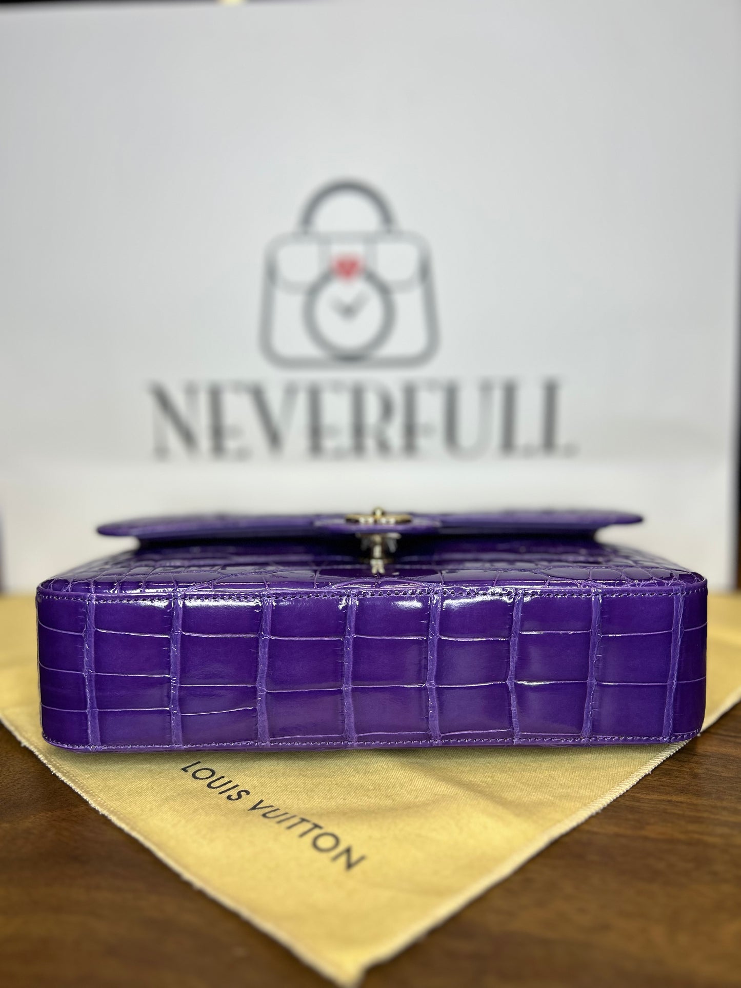 Chanel Double Flap Purple Crocodile GHW Unused. Card & Box and Dust Bag