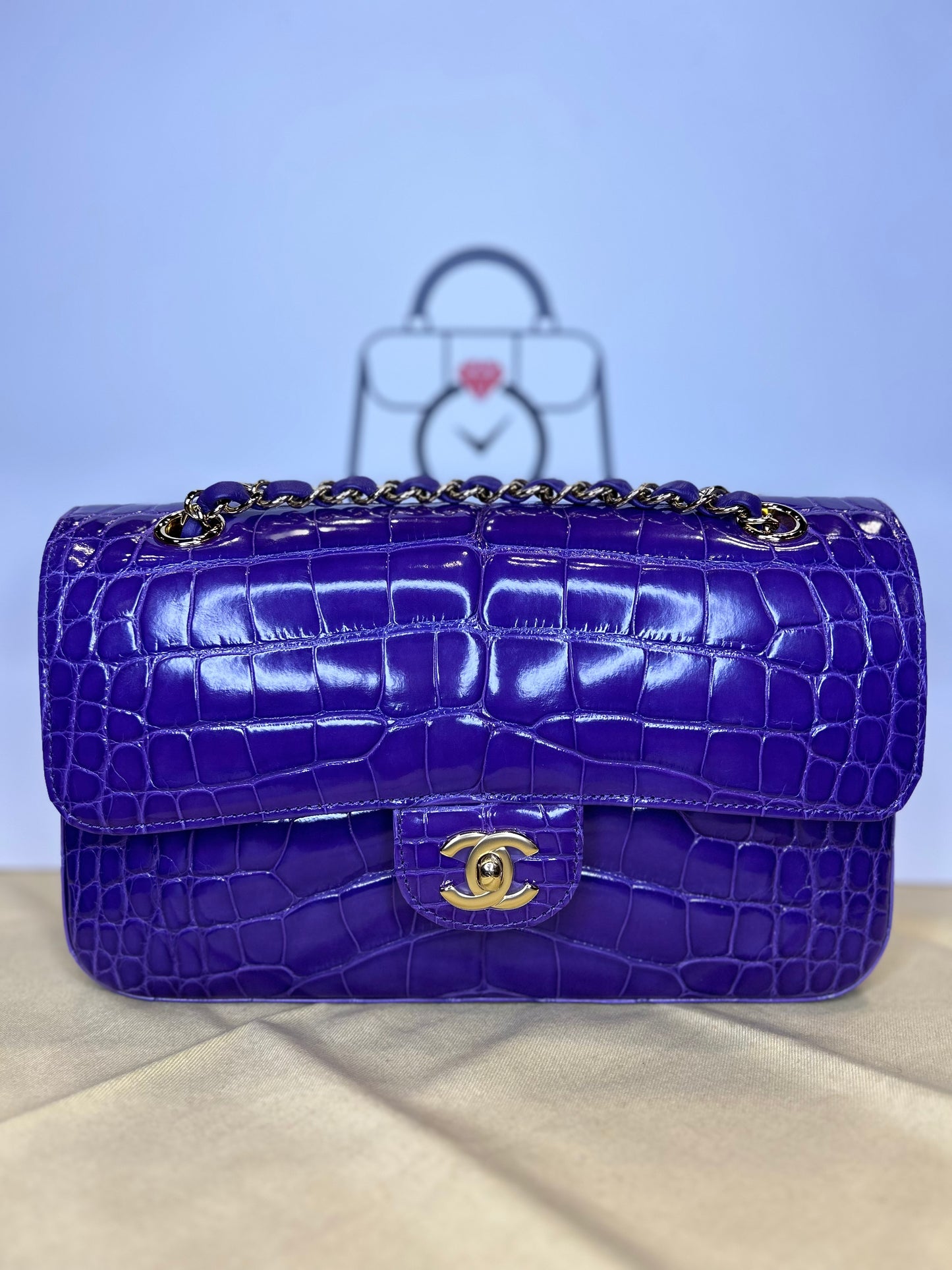 Chanel Double Flap Purple Crocodile GHW Unused. Card & Box and Dust Bag