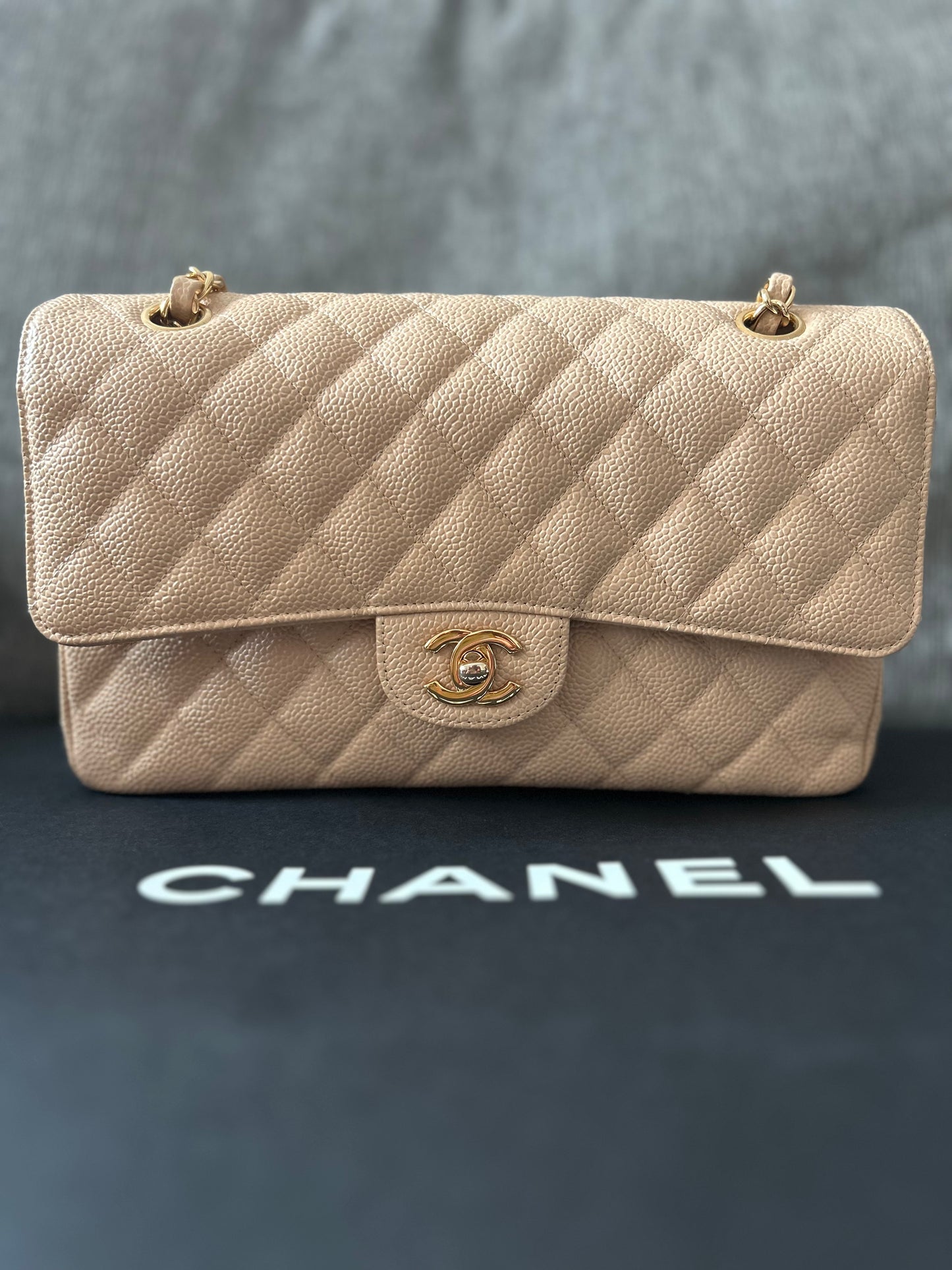 Chanel Double Flap Classic Medium Caviar Bag Beige GHW 2018 In Excellent Condition