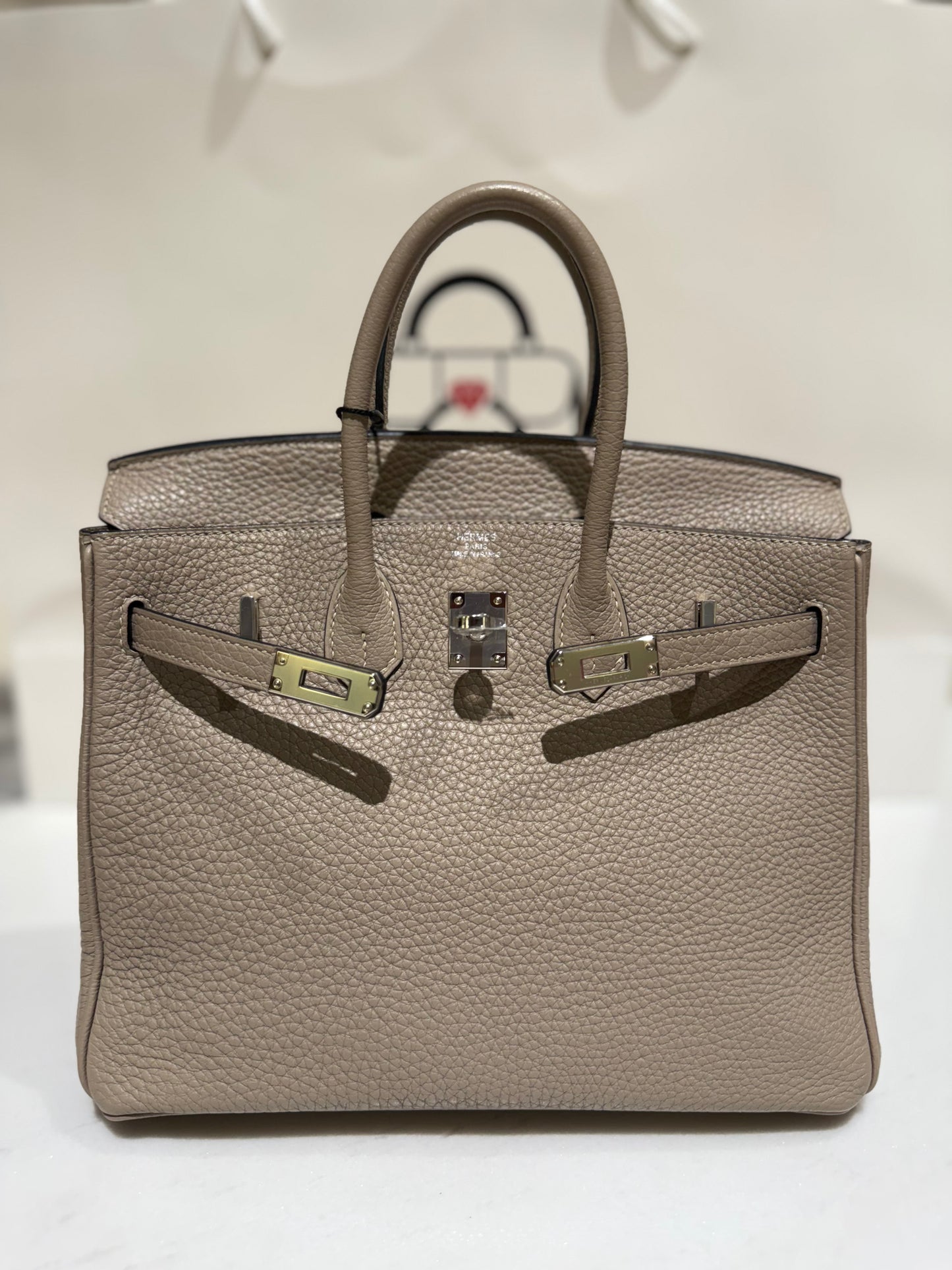 Hermes Birkin 25 Clemence Leather With Box and Spa Certificate Gris Tourtelle 2019