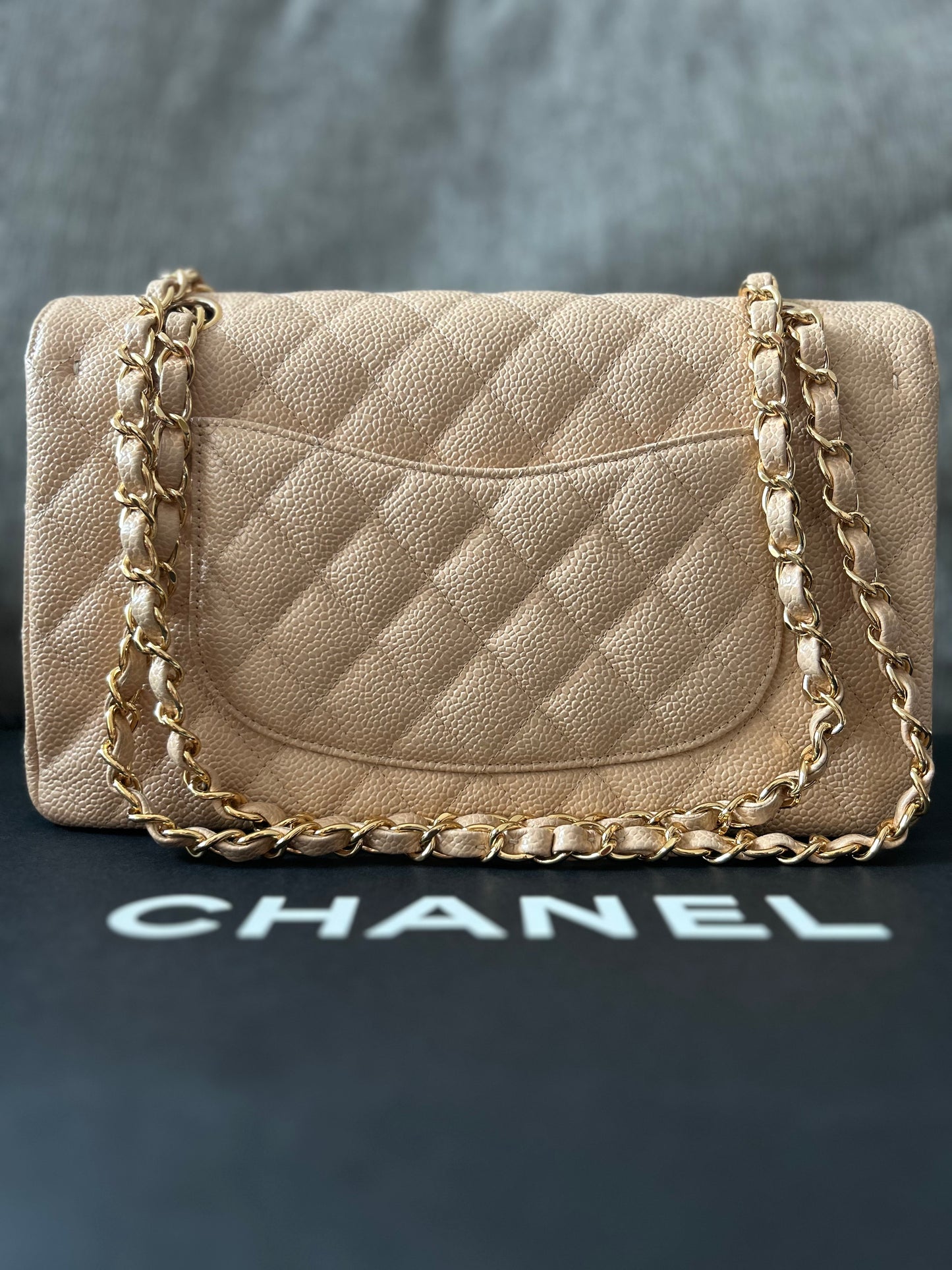 Chanel Double Flap Classic Medium Caviar Bag Beige GHW 2018 In Excellent Condition