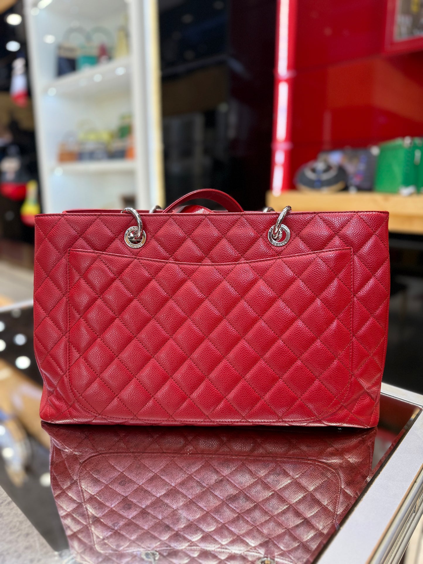 Chanel Red Quilted Caviar Leather Grand Shopper Tote