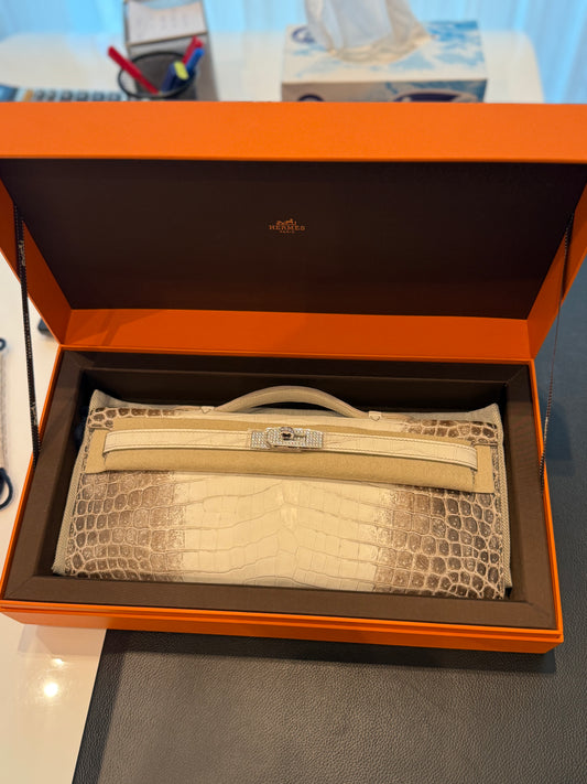 Hermes Kelly Cut Himalayan Crocodile White Gold Hardware With Diamonds