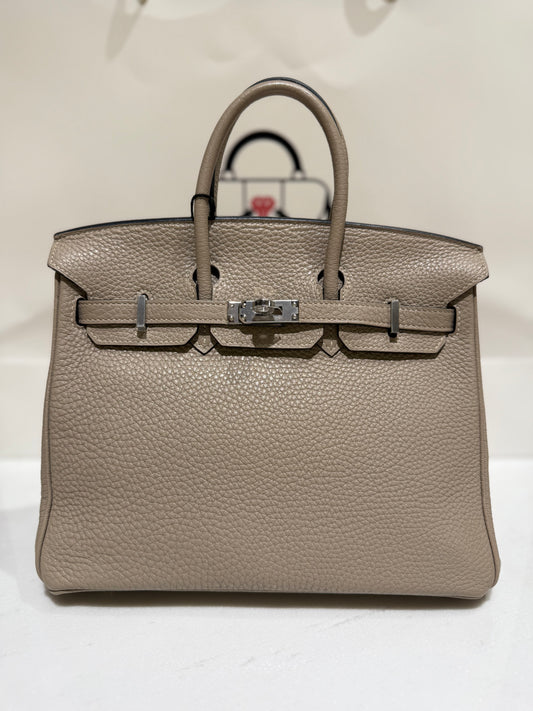 Hermes Birkin 25 Clemence Leather With Box and Spa Certificate Gris Tourtelle 2019