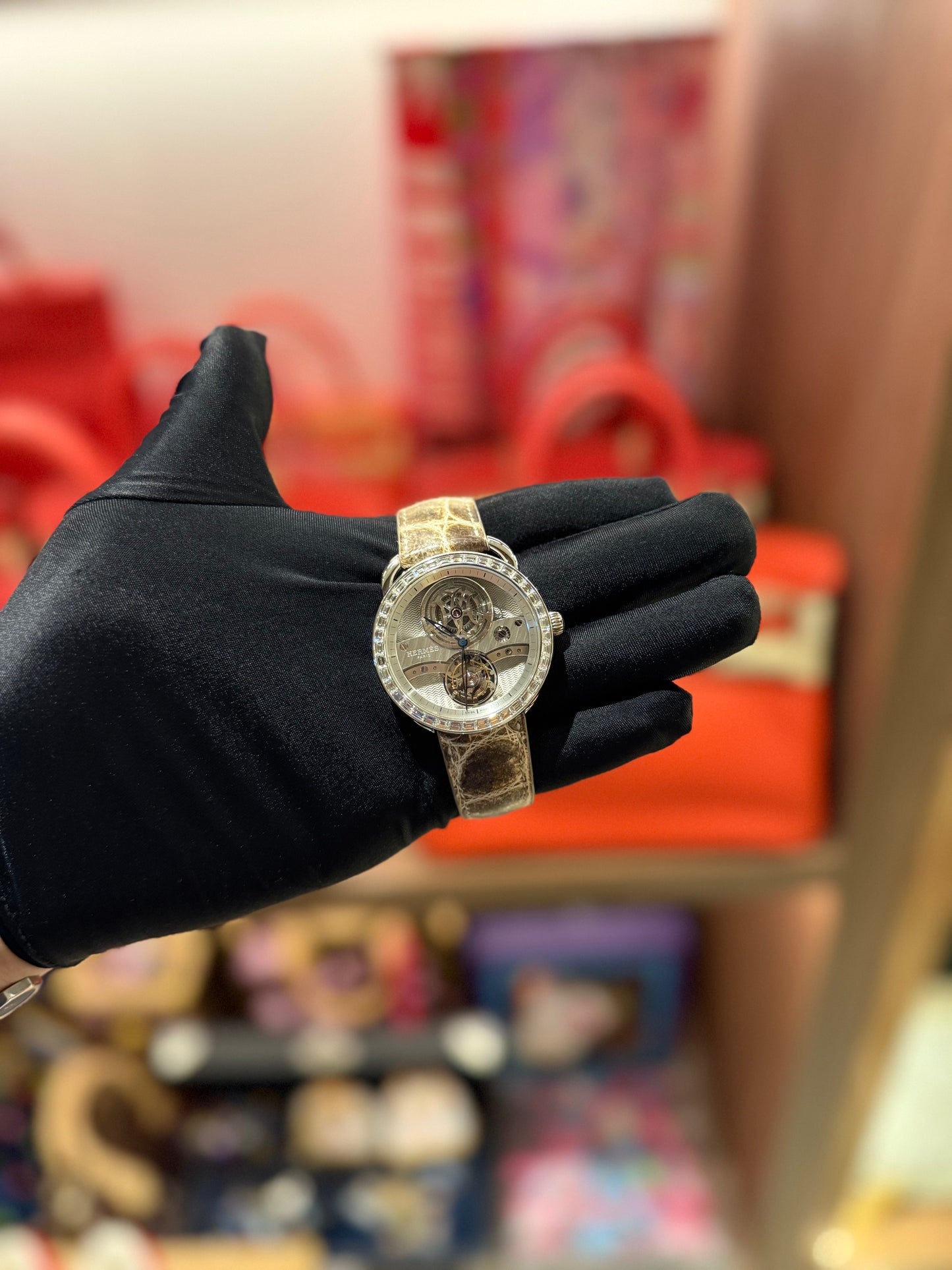 Hermes Arceau Tourbillon PT 950 With Baguette Diamonds with Himalayan Crocodile Strap