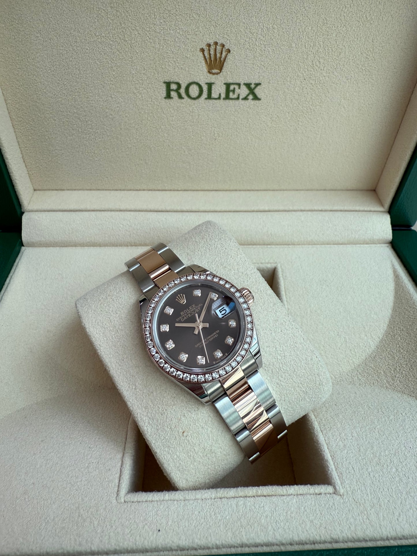 Rolex Ladies Datejust 28mm Steel/Rose Gold With Diamond Chocolate Dial 2022 Full Set 279381RBR