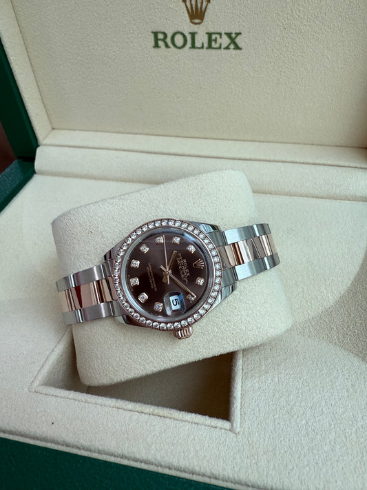 Rolex Ladies Datejust 28mm Steel/Rose Gold With Diamond Chocolate Dial 2022 Full Set 279381RBR
