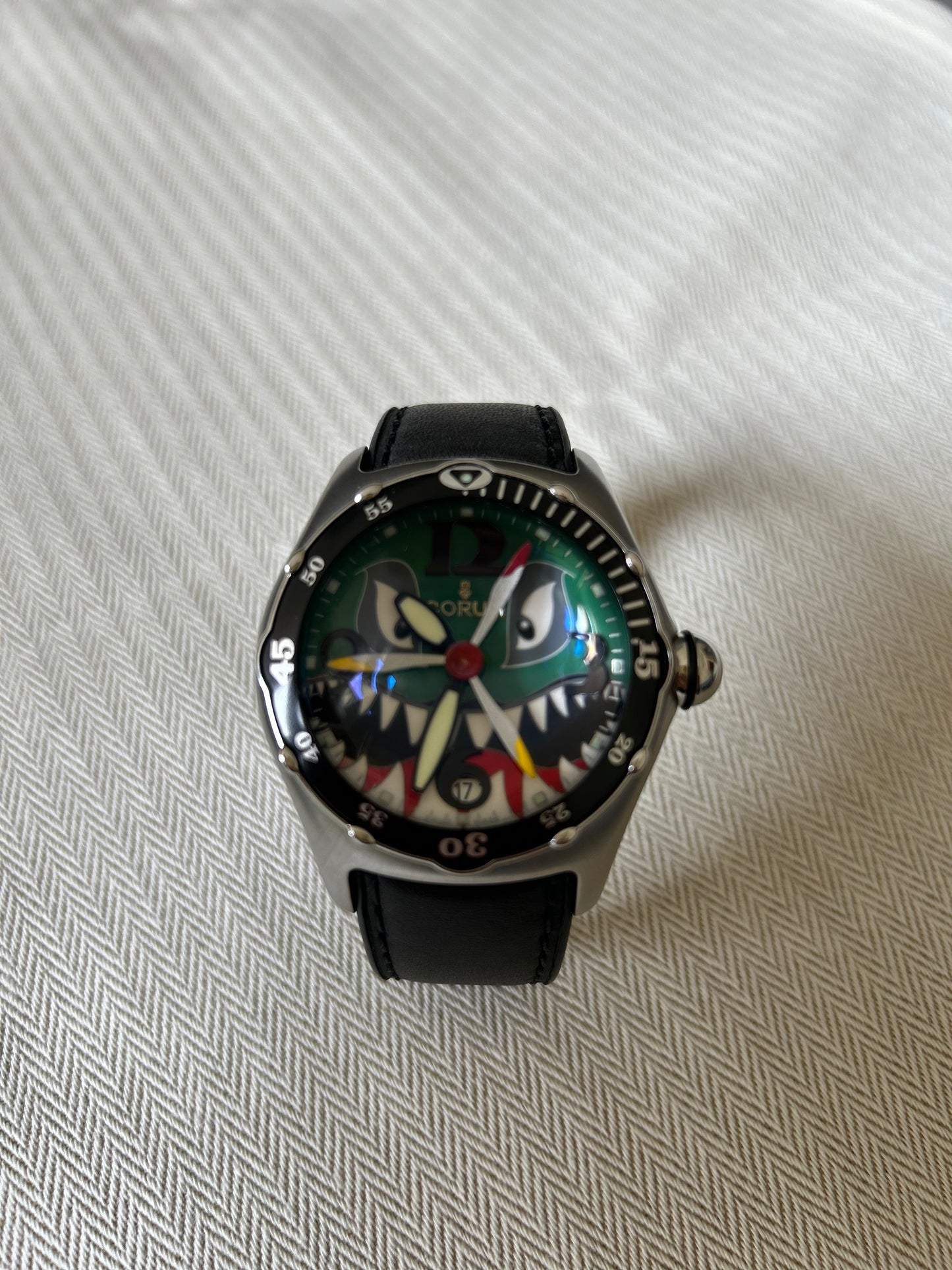 Corum Bubble Dive Bomber "Shark" In Stainless Steel On Leather Strap. Auto W/ Sweep Seconds and Date. 44 mm Case Size. Without box and Papers. Ref. 82.180.20 Fine Pre-owned Corum Watch.