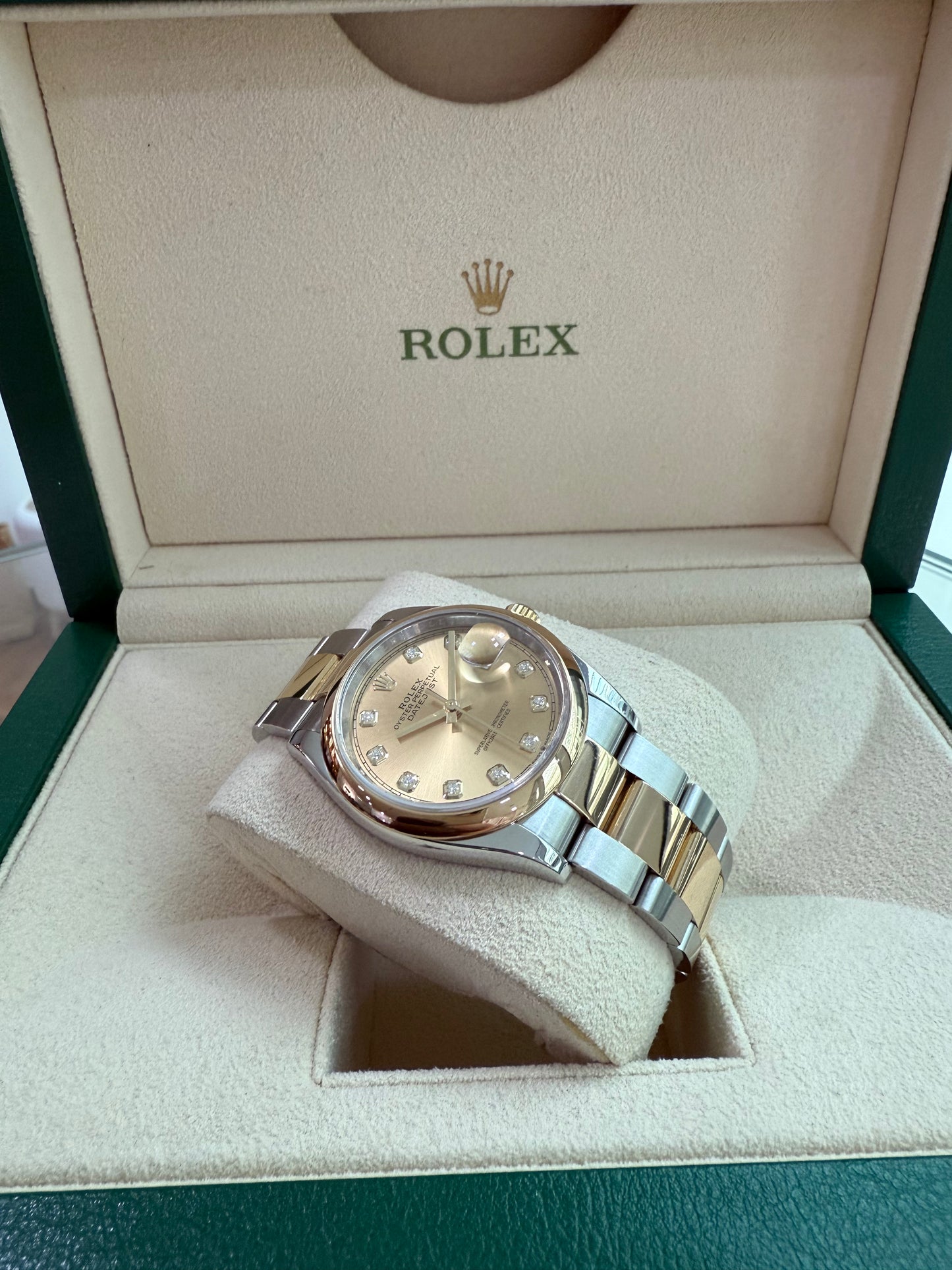 Rolex Datejust Unisex 36mm Steel/Yellow Gold Champagne Dial With Diamonds. 126203 Only With Box. From 2021