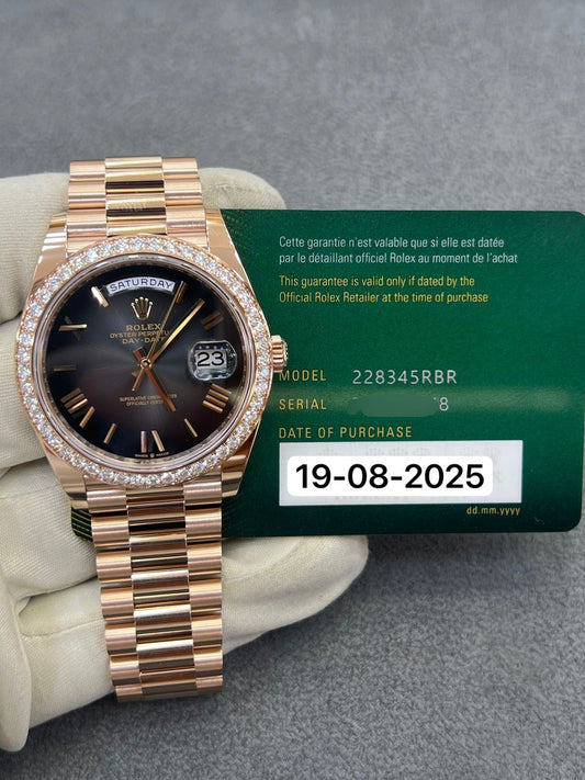 Rolex Day-Date 40mm Grey Ombre Roman Rose Gold 228345RBR New 2025 Full Set