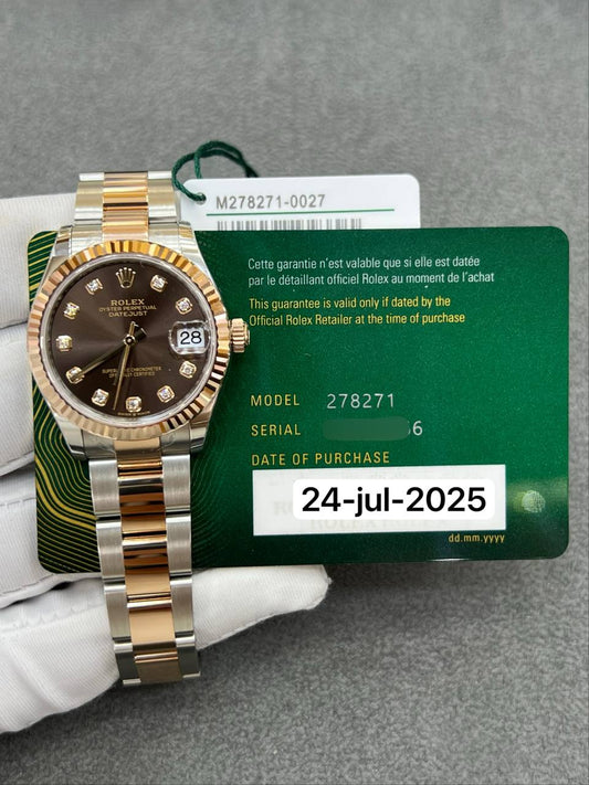 Rolex Datejust 31mm Chocolate Brown Diamond Dial Fluted Bezel Steel/Rose Gold Oyster Bracelet New 2025 Full Set Ref:278271