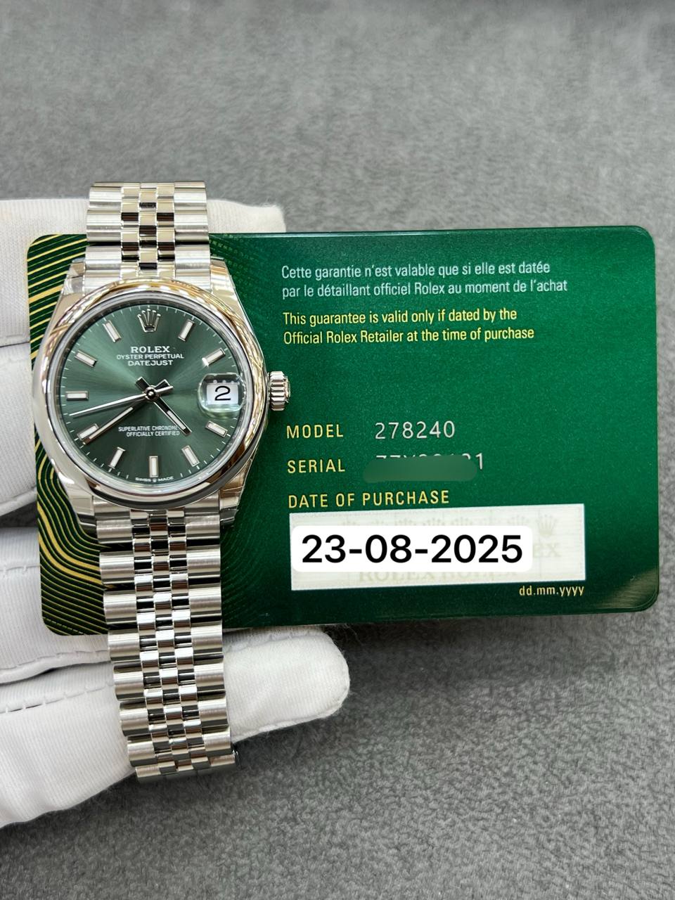 Rolex Datejust 31mm Green Index Dial Stainless Steel Smooth Bezel Jubilee Bracelet New 2025  Ref:278240 Full Set