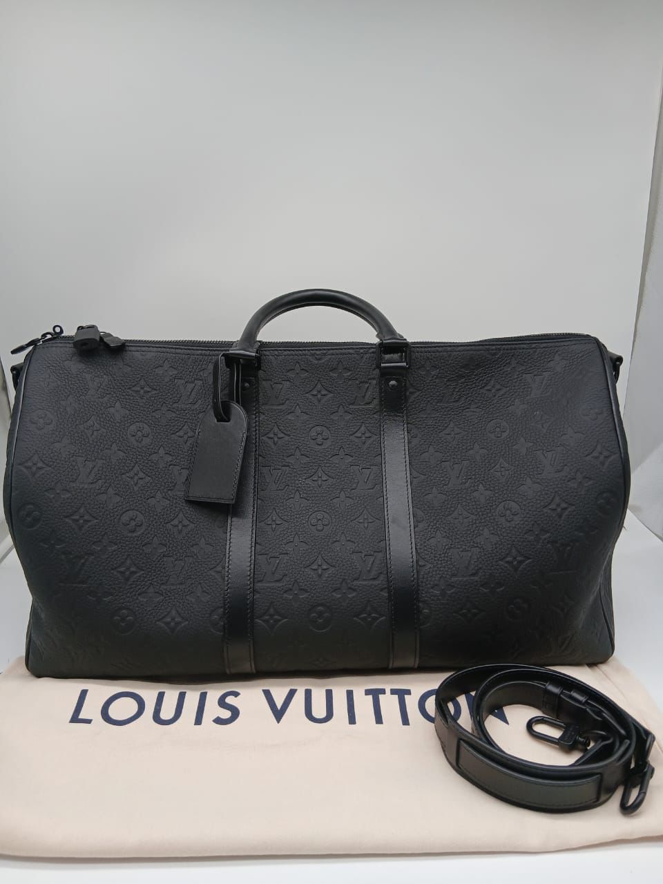 Louis Vuitton Monogram Black Taurillon Keepall Bandouliere 50 black RFID

Pristine Condition/ Almost like new
(M.L initials in the tag)
