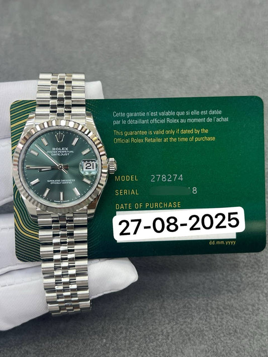 Rolex Datejust 31mm Mint Green Dial Jubilee Bracelet Steel New 2025 Full Set Ref:278274