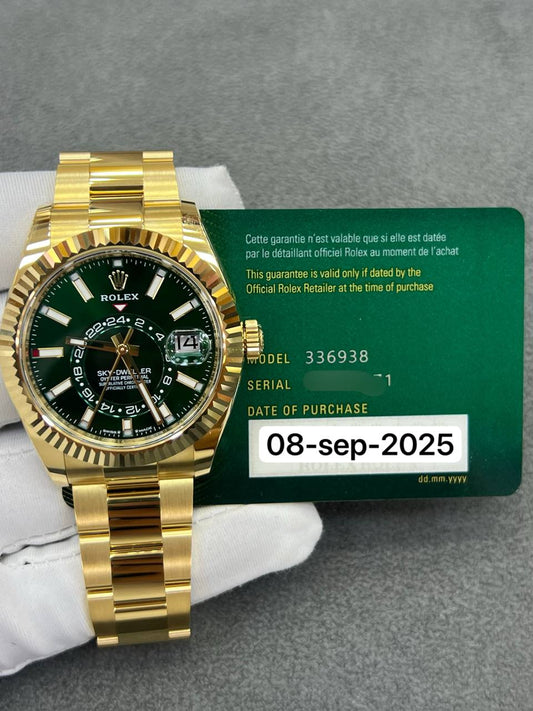 Rolex Sky-Dweller 42mm Yellow Gold Green Dial Oyster Bracelet New 2025 Full Set Ref:336938