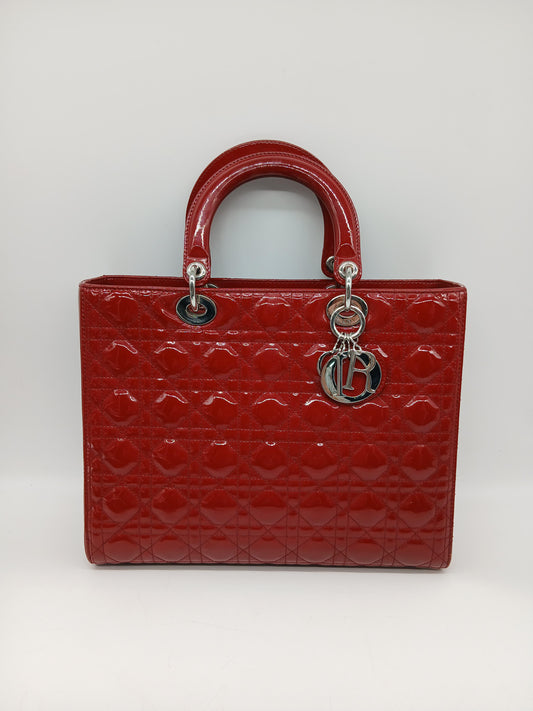 Dior Lady Dior Large Patent Leather Red Shoulder Bag
In Very Good Condition 
Inclusions: Dustbag