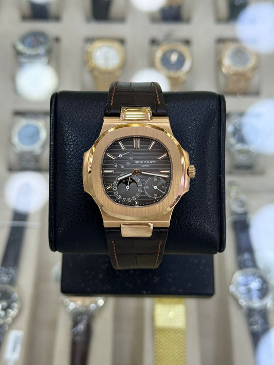 Patek Philippe Nautilus 40mm 5712R  2022 Year Used Moonphase Rose Gold Case Brown Leather Strap With Box And Paper