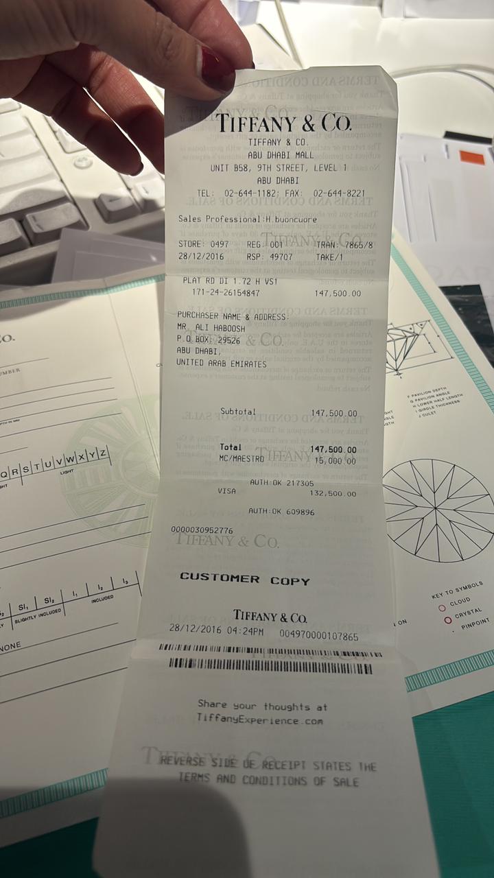 Tiffany & Co Pt950 Diamong Ring 1.72ct H VS1 3EX 5.40g
Size 5 (US)
Comes With: Box, Certificate and Store Receipt