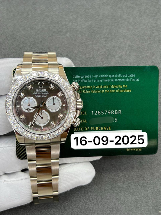Rolex Daytona 40mm Mother of Pearl Diamond Dial With Diamond Bezel White Gold New 2025 Full Set Ref:126579RBR
