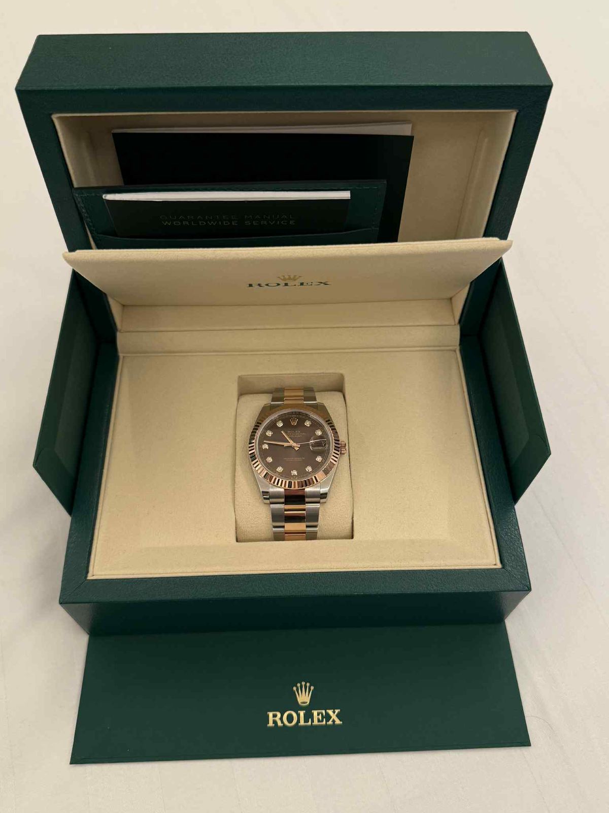 Rolex Datejust 41mm Two Tone Chocolate Diamond Dial Oyster Bracelet Steel and Rose Gold Like New 2025 Full Set Ref:126331-0003