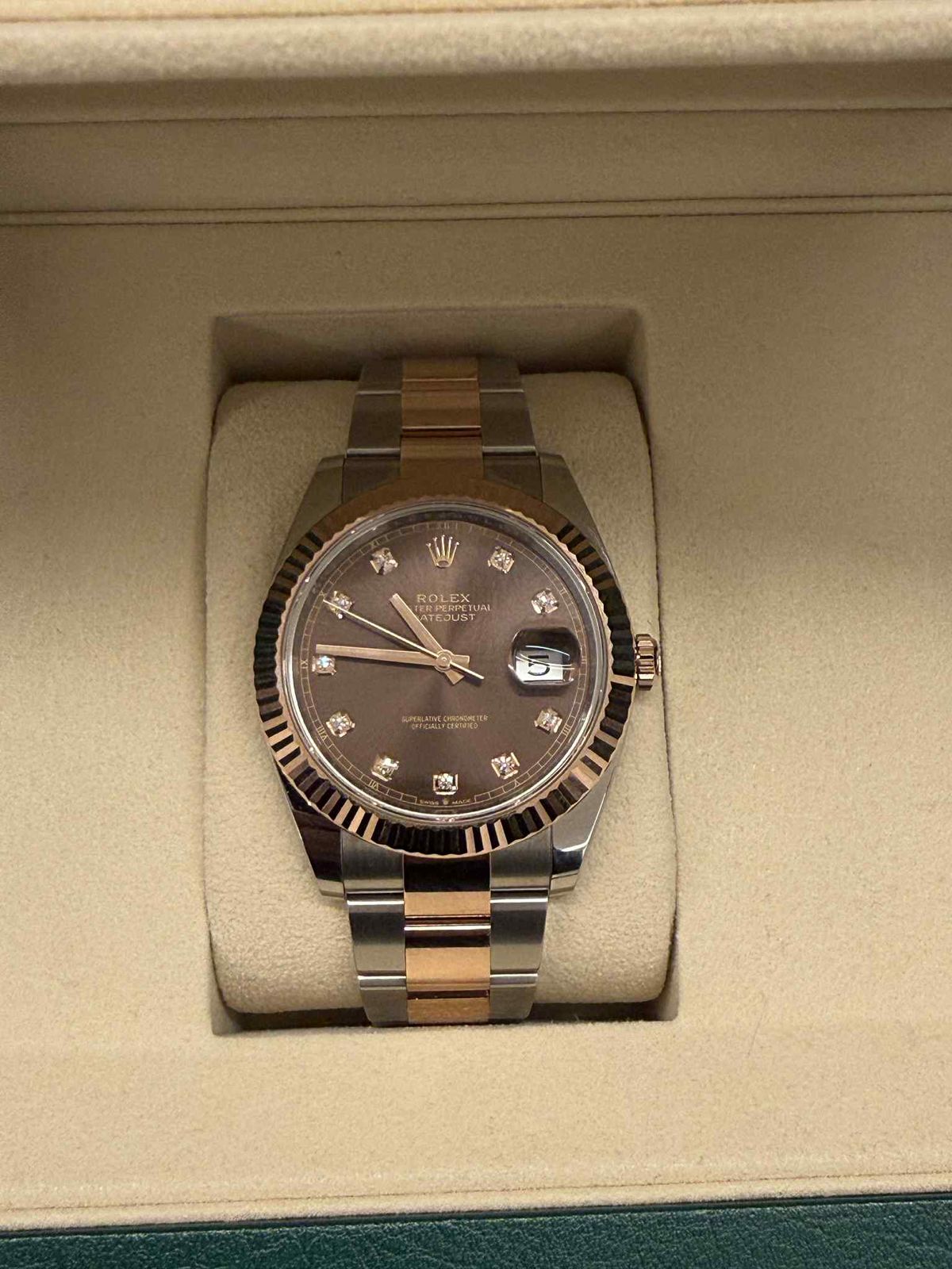 Rolex Datejust 41mm Two Tone Chocolate Diamond Dial Oyster Bracelet Steel and Rose Gold Like New 2025 Full Set Ref:126331-0003