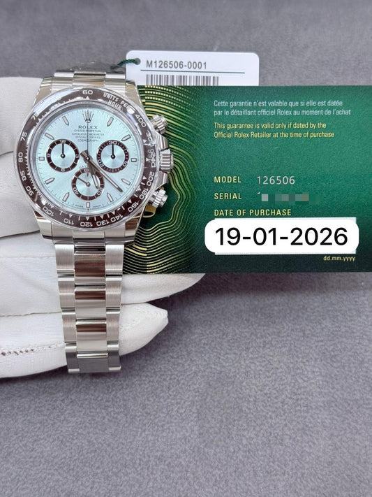 Rolex Cosmograph Daytona 40mm Platinum Ice Blue Index New 2026 Full Set 126506