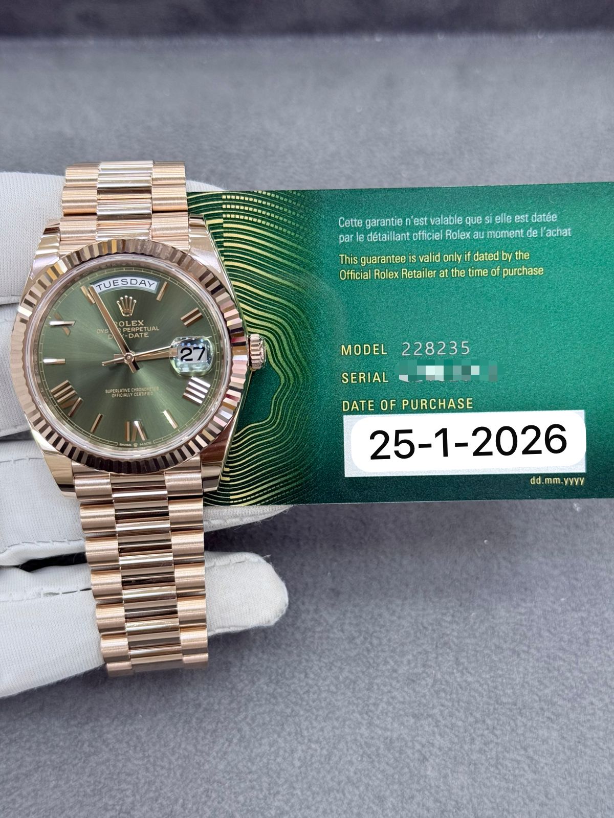Rolex Day-Date 40mm Rose Gold Olive Dial New 2026 Full Set 228235