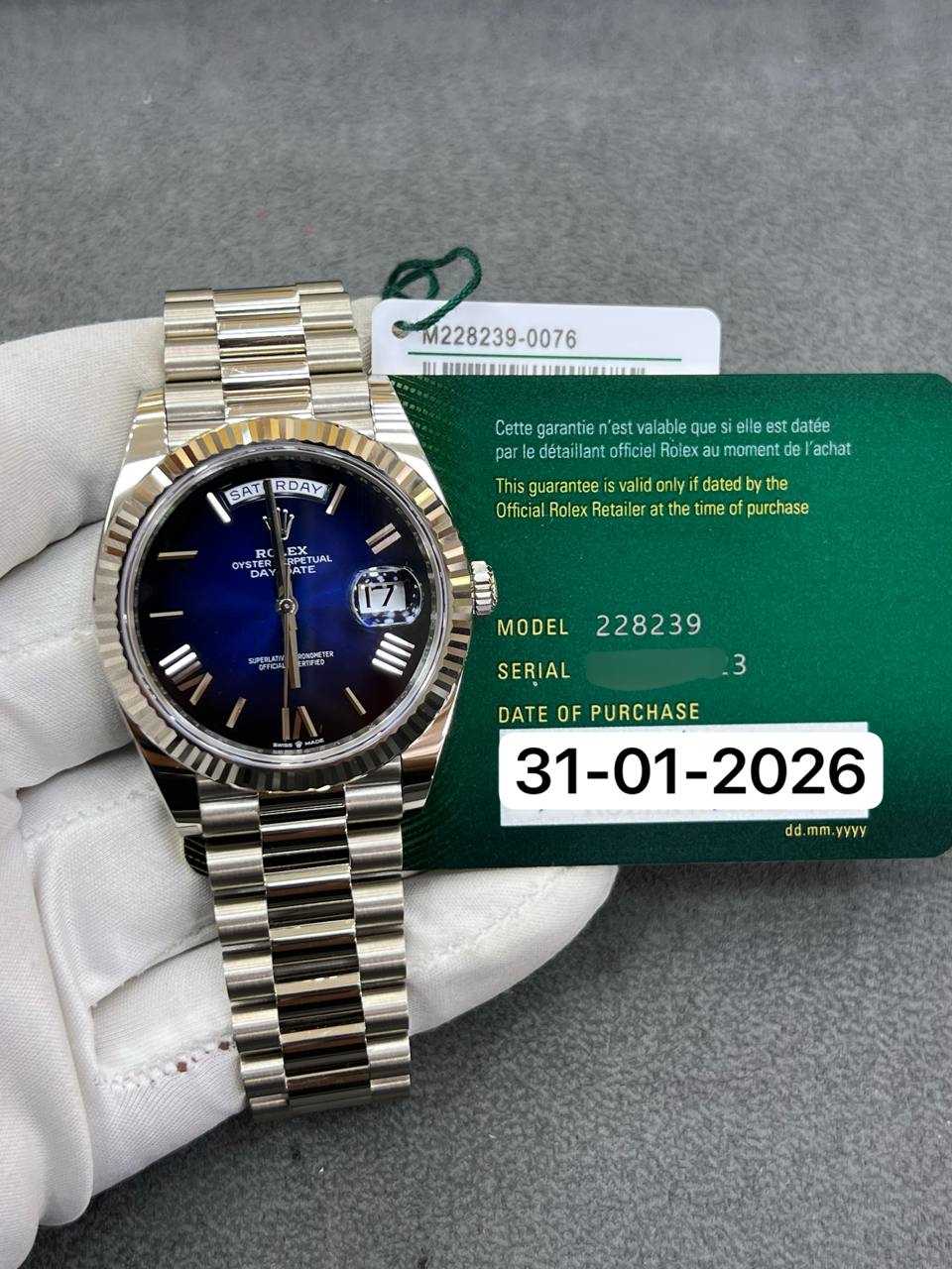 Rolex Day-Date 40mm White Gold Blue Ombre Dial President Bracelet Brand New 2026 Year Full Set 228239