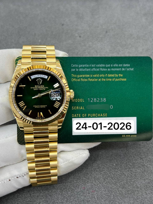 Rolex Day-Date 40mm Yellow Gold Green Ombre Dial President Bracelet Brand New 2026 Full Set 128238