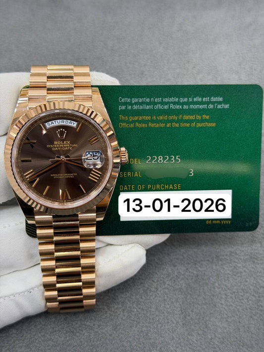 Rolex Day-Date 40mm Rose Gold Chocolate Dial President Bracelet Brand New 2026 Full Set 228235