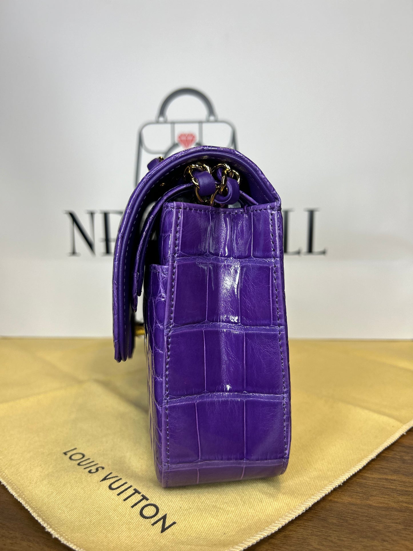 Chanel Double Flap Purple Crocodile GHW Unused. Card & Box and Dust Bag