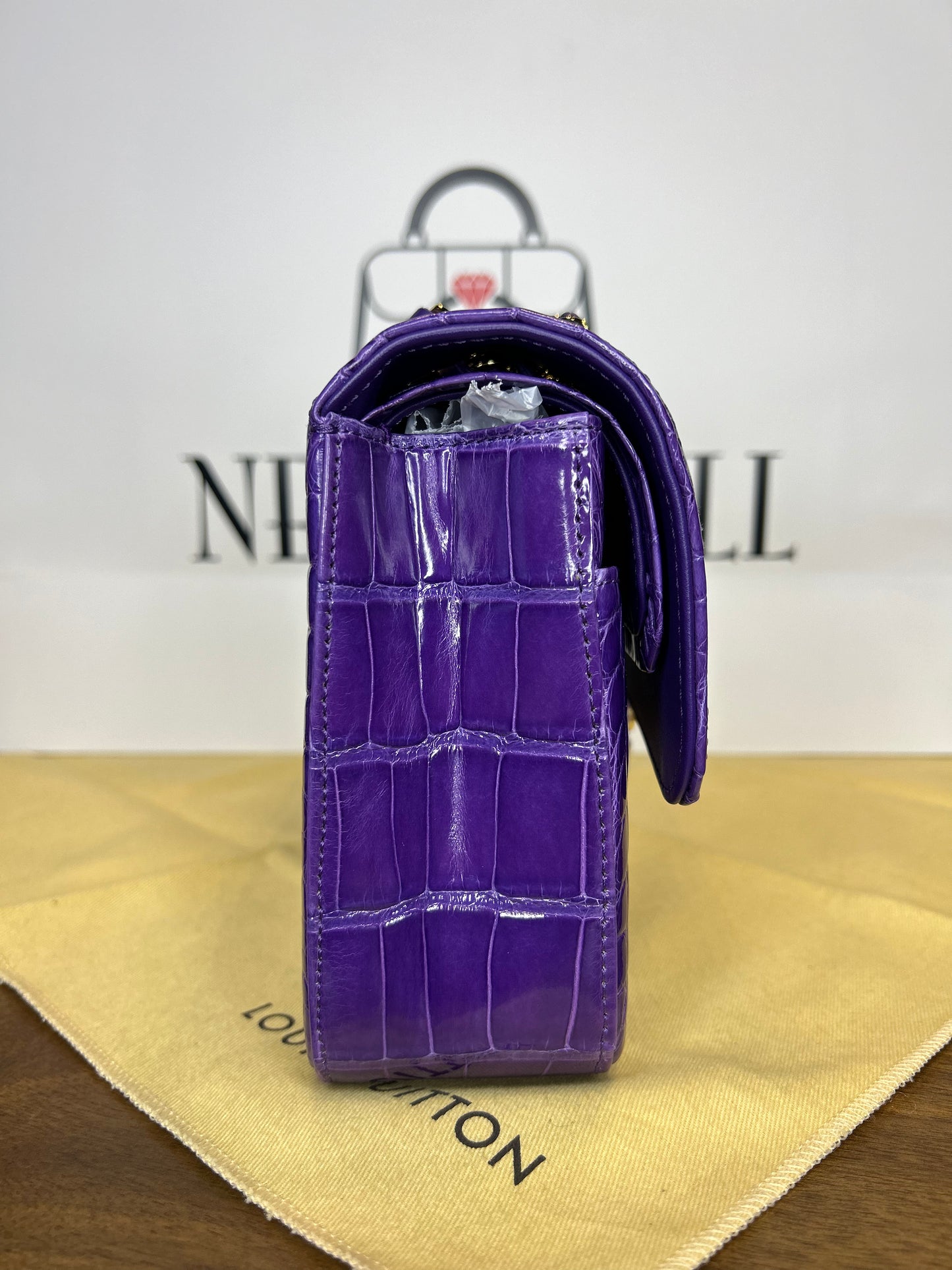 Chanel Double Flap Purple Crocodile GHW Unused. Card & Box and Dust Bag