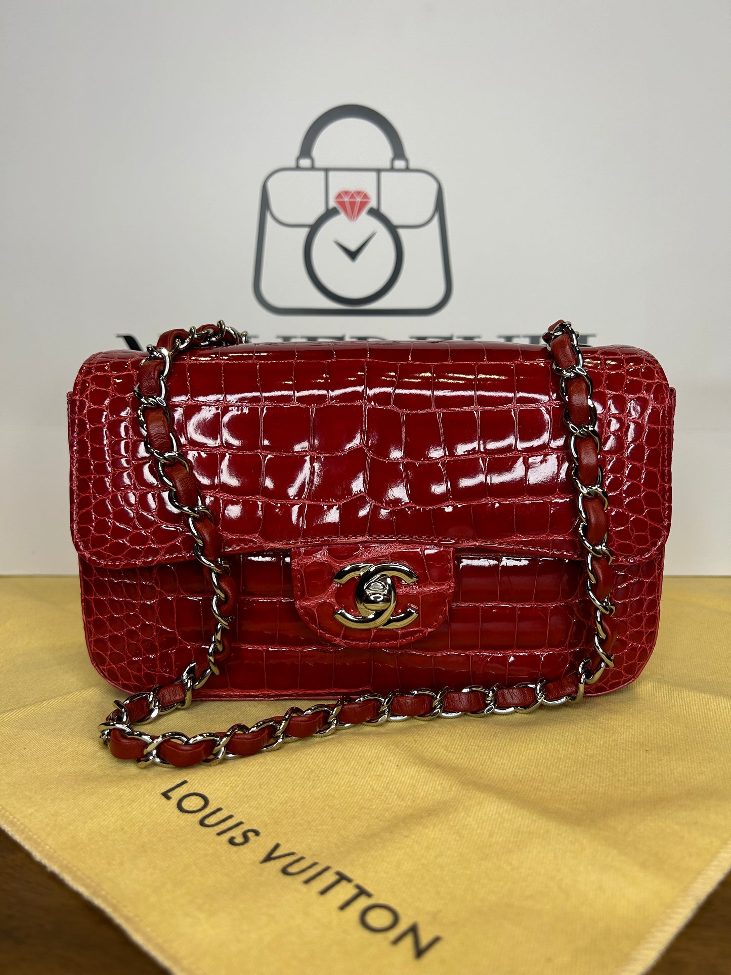 Chanel Classic Flap Red Crocodile Mini PHW Unused Card, Box and Dust Bag