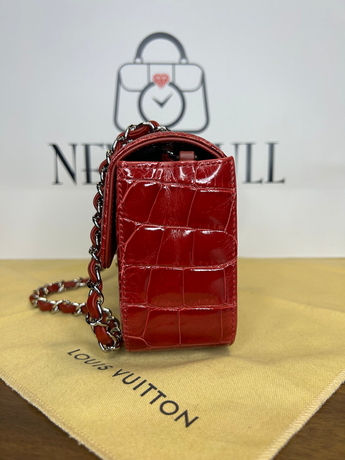 Chanel Classic Flap Red Crocodile Mini PHW Unused Card, Box and Dust Bag