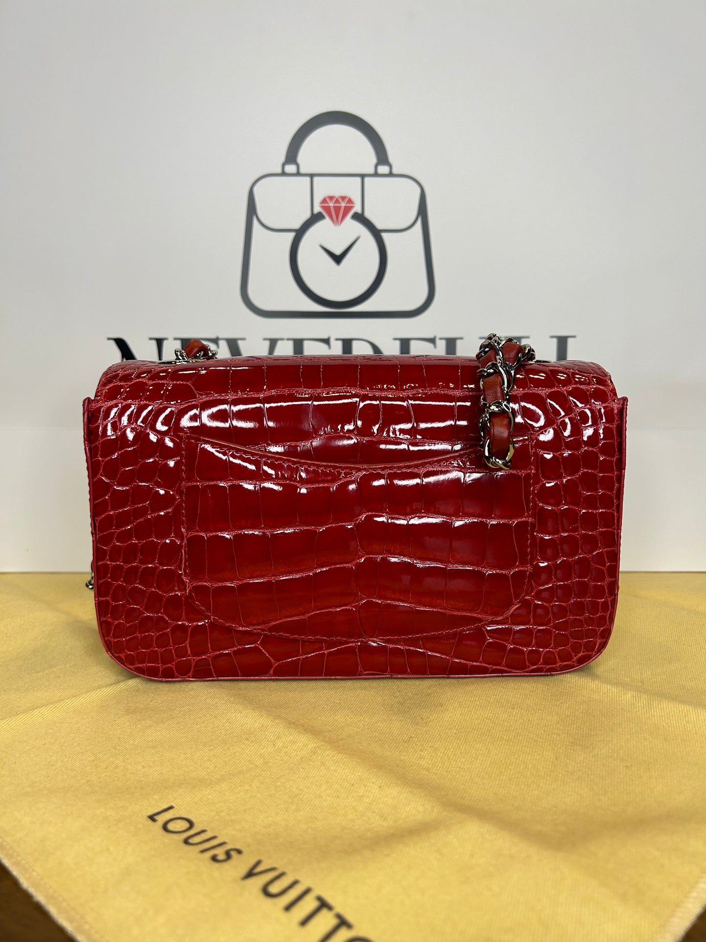 Chanel Classic Flap Red Crocodile Mini PHW Unused Card, Box and Dust Bag