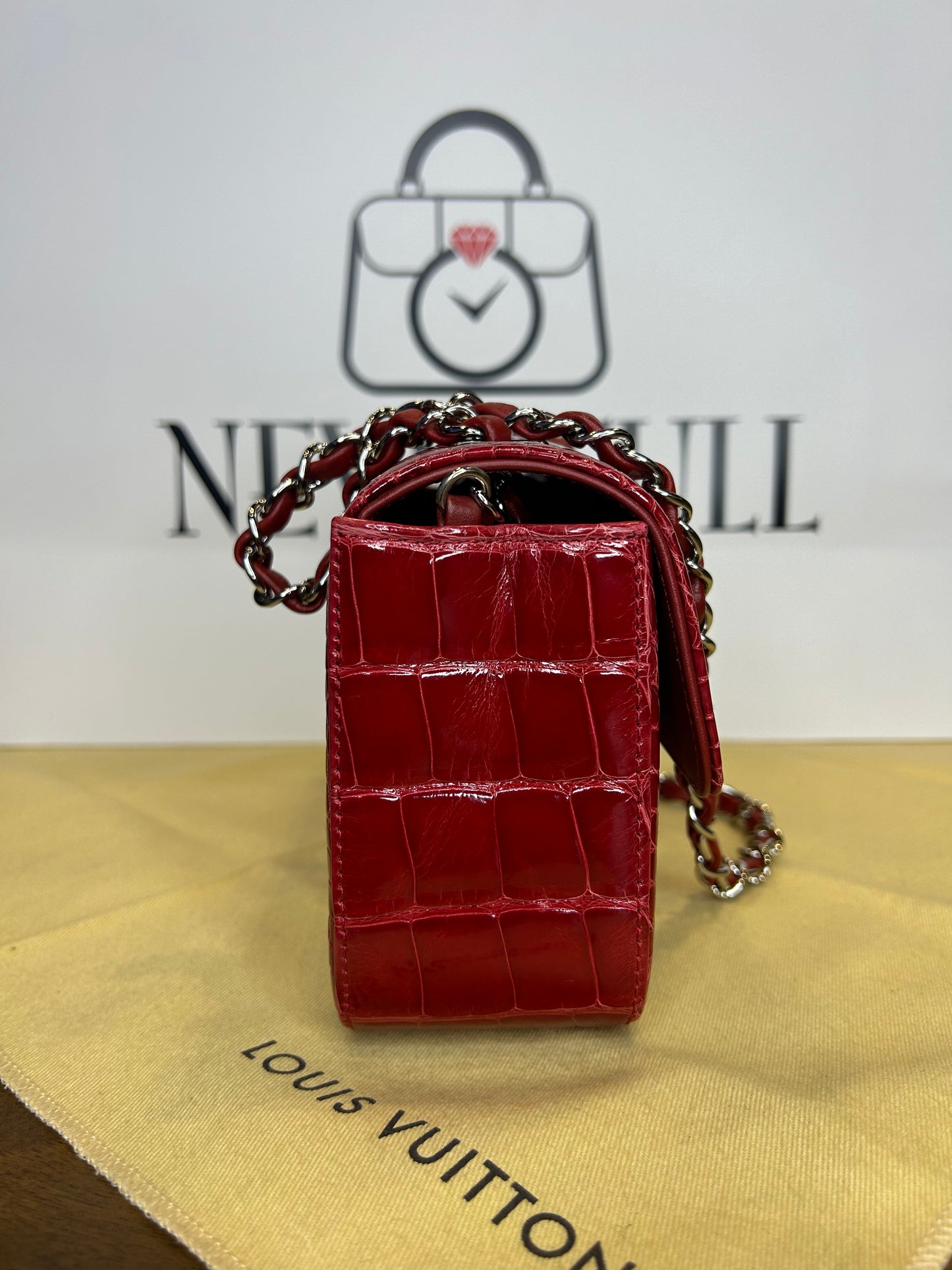 Chanel Classic Flap Red Crocodile Mini PHW Unused Card, Box and Dust Bag