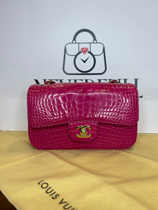 Chanel Classic Flap Bag Mini Crocodile Pink GHW Card, Box and Dust Bag