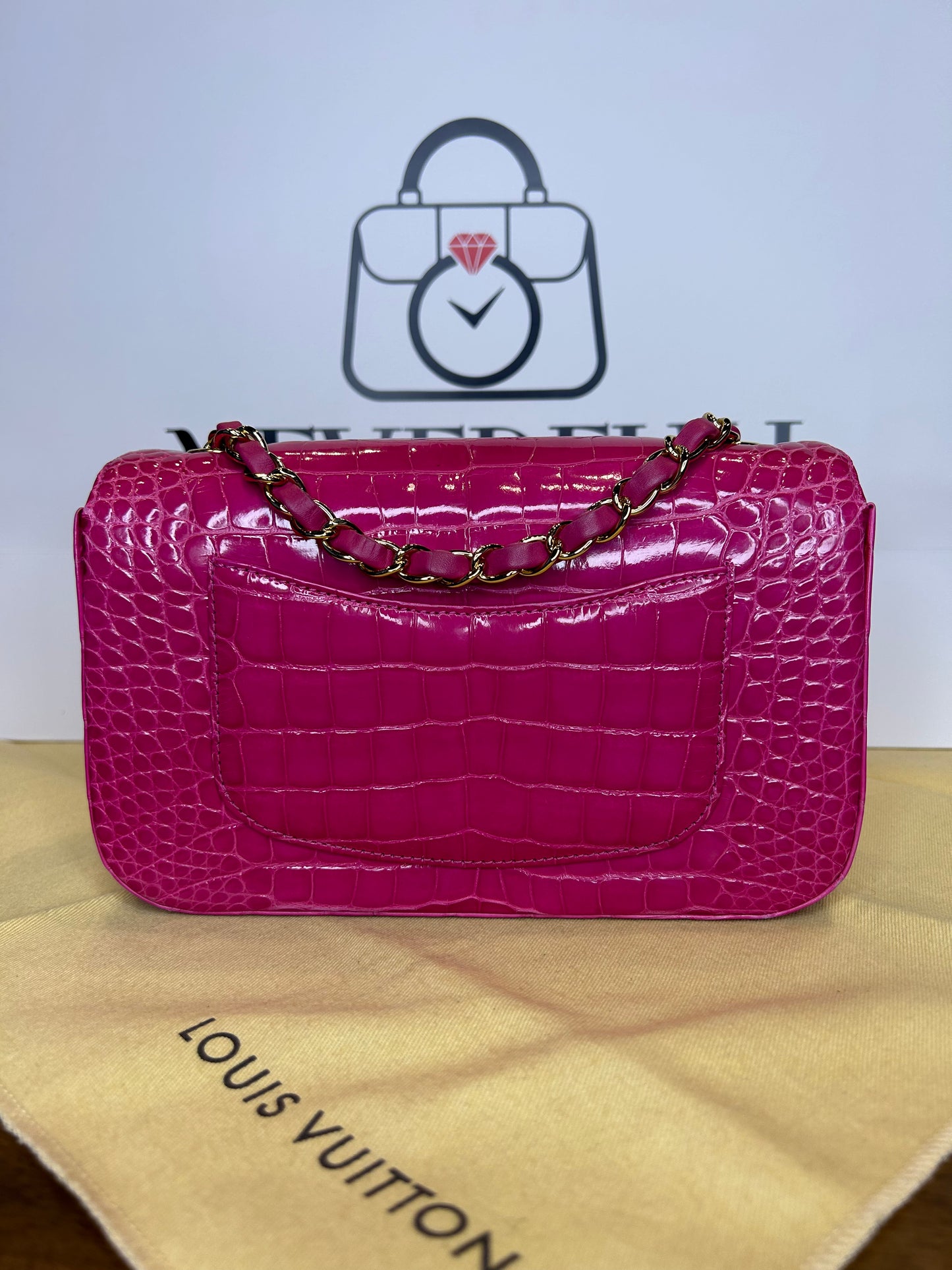 Chanel Classic Flap Bag Mini Crocodile Pink GHW Card, Box and Dust Bag