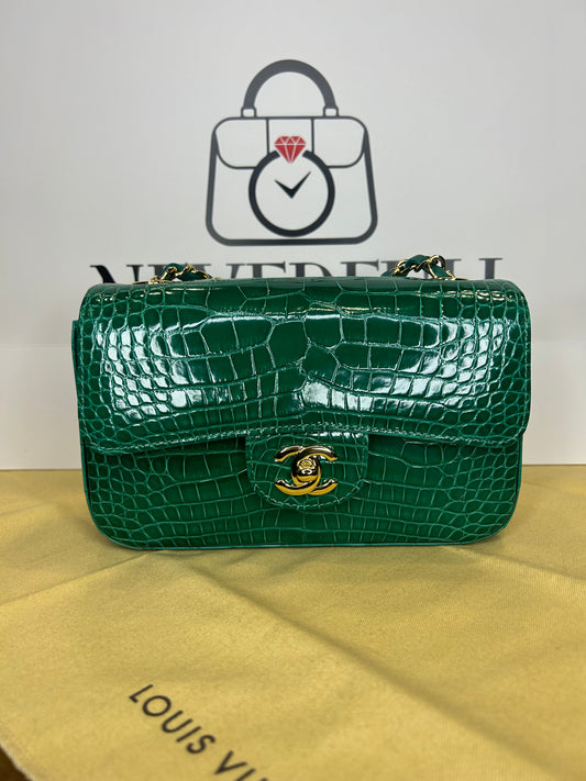 Chanel Mini Classic Flap Green Crocodile GHW Card, Box and Dust Bag