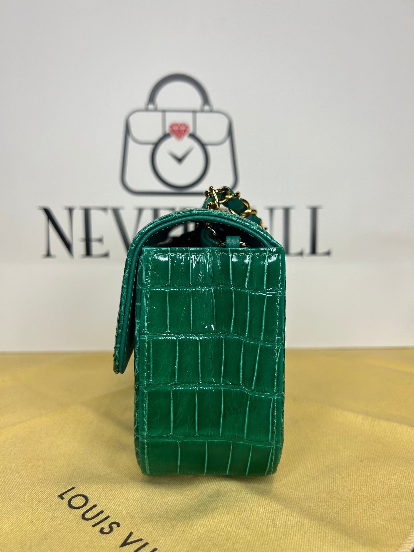 Chanel Mini Classic Flap Green Crocodile GHW Card, Box and Dust Bag