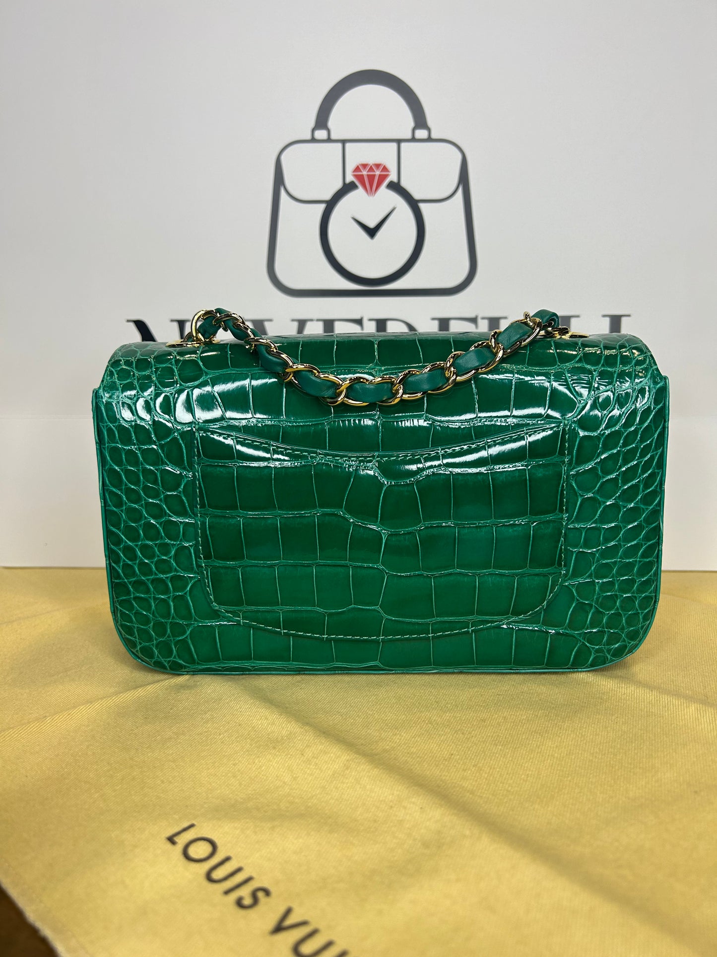Chanel Mini Classic Flap Green Crocodile GHW Card, Box and Dust Bag