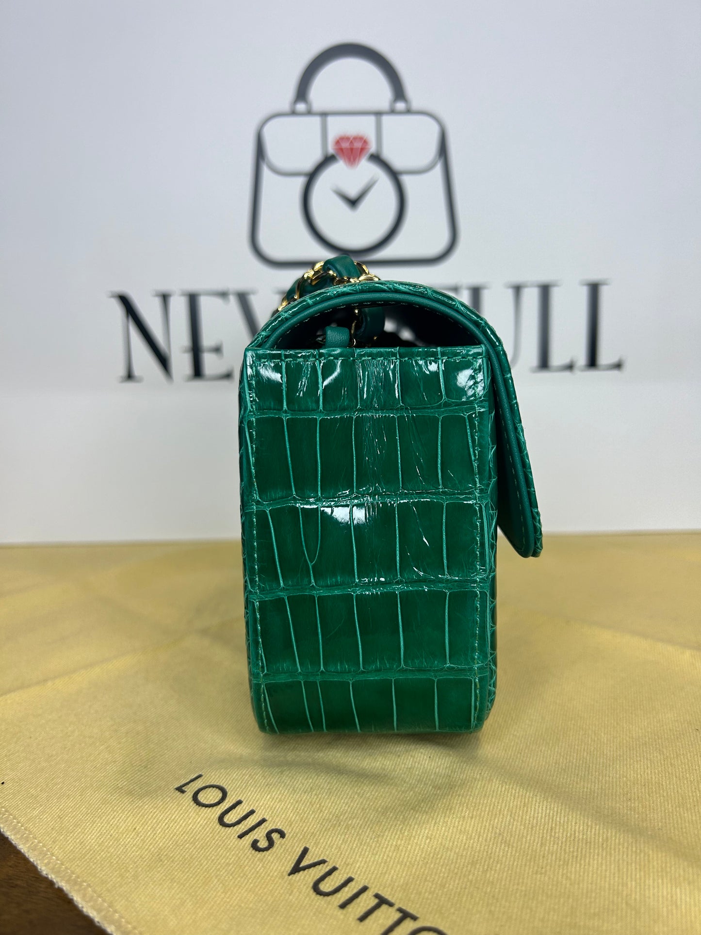 Chanel Mini Classic Flap Green Crocodile GHW Card, Box and Dust Bag