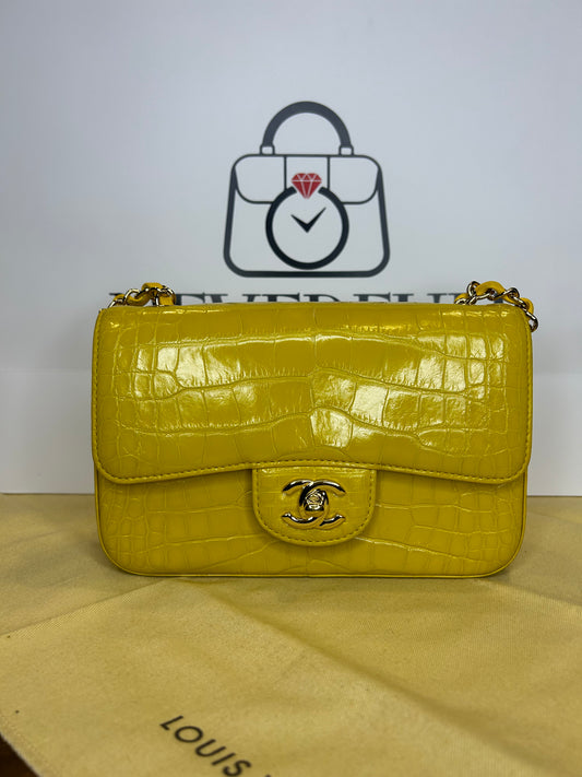 Chanel Mini Classic Flap Yellow Crocodile PHW Card, Box and Dust Bag