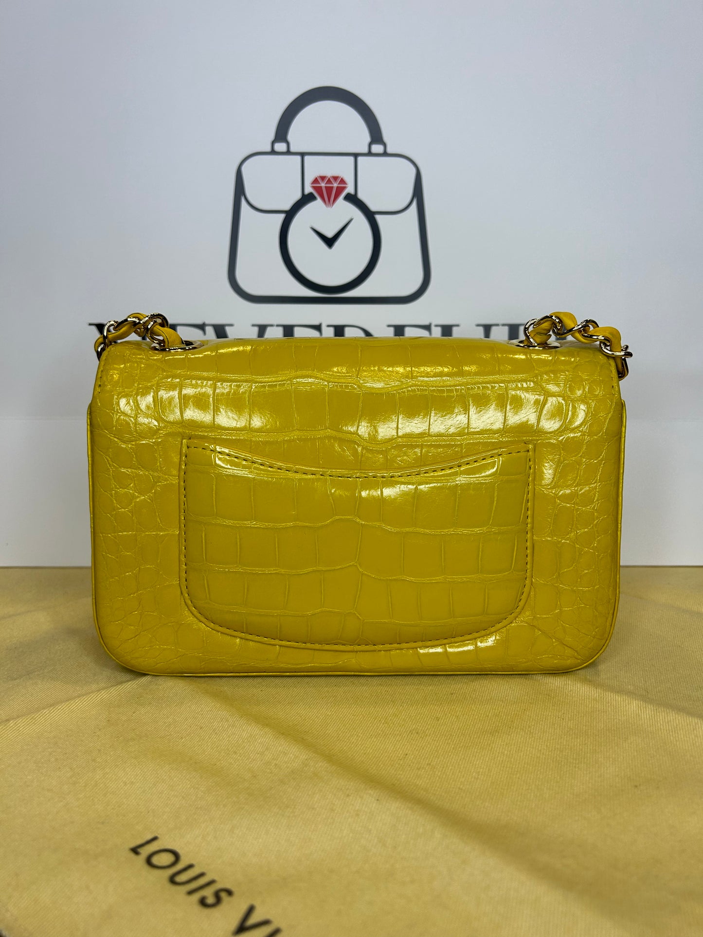 Chanel Mini Classic Flap Yellow Crocodile PHW Card, Box and Dust Bag