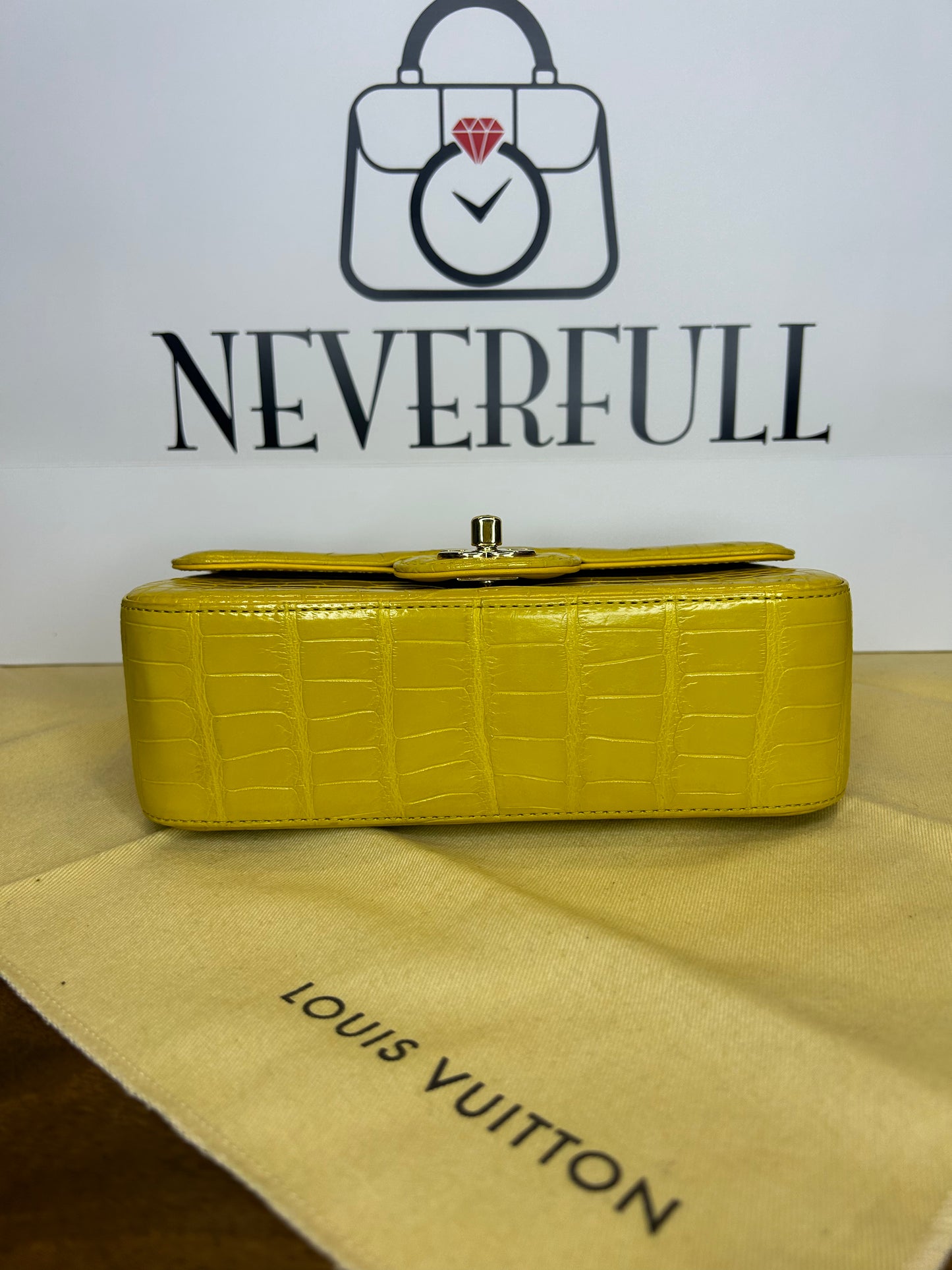 Chanel Mini Classic Flap Yellow Crocodile PHW Card, Box and Dust Bag