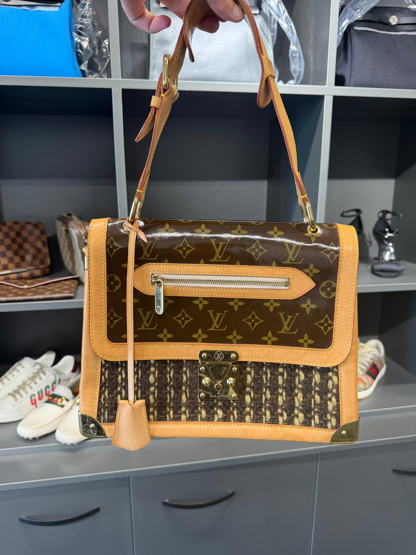 Louis Vuitton Vintage Tweedy Zip GM Monogram & Tweed Shoulder Bag