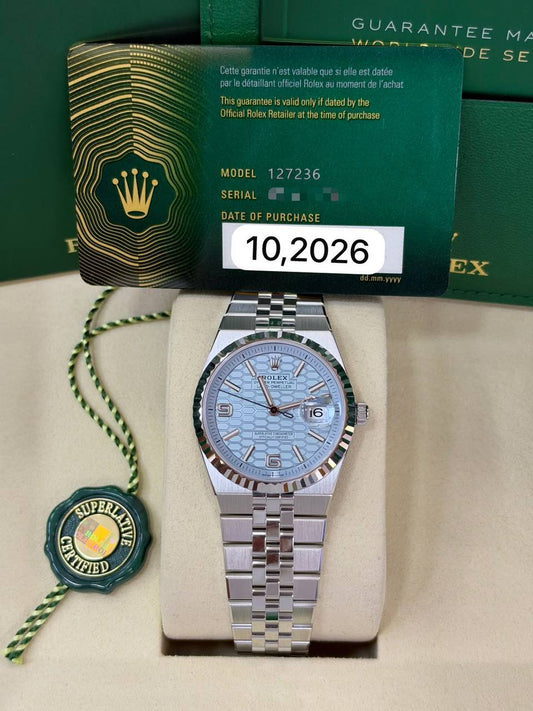Rolex Land-Dweller 36 NEW 2026 Ice Blue Honeycomb Dial Platinum Flat Jubilee Bracelet 127236