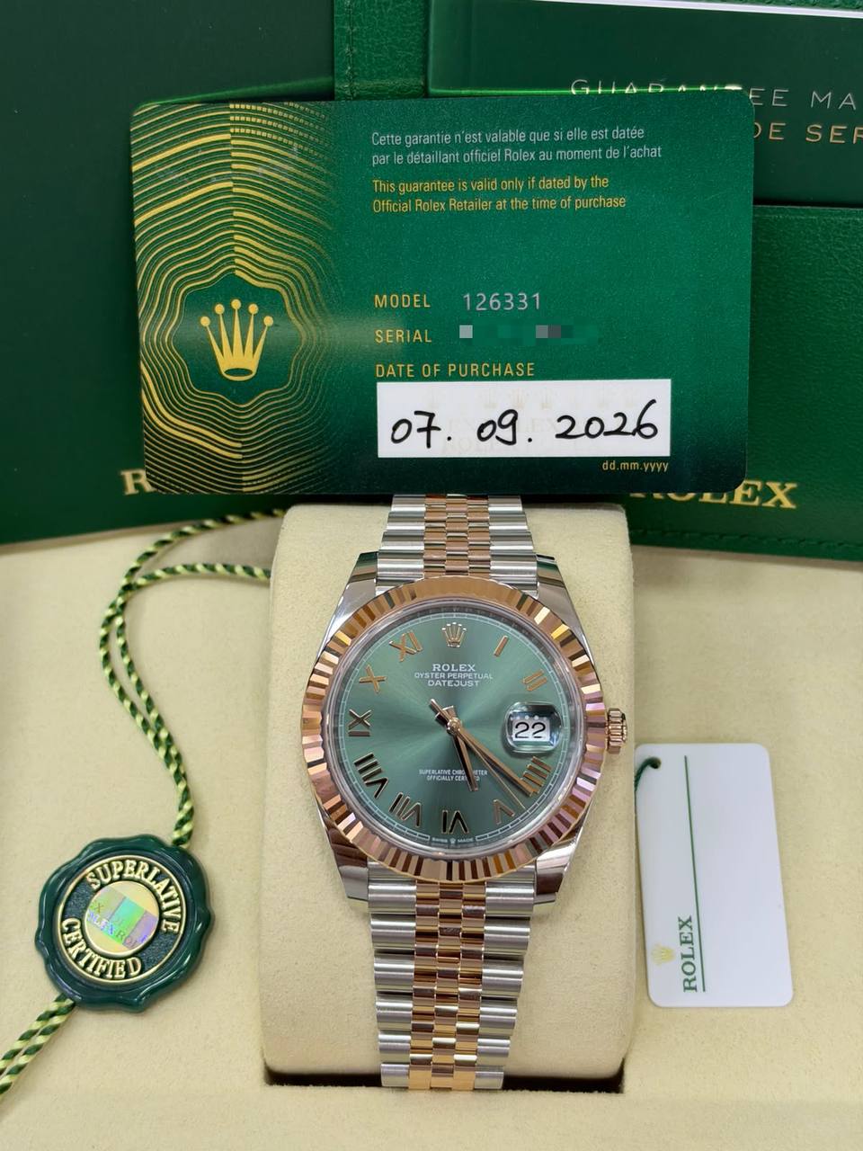 Rolex Datejust UNWORN New 2026 41mm 126331 Olive Mint Green Dial Two Tone Rose Gold Jubilee Bracelet Full Set Unworn Complete Box & Papers